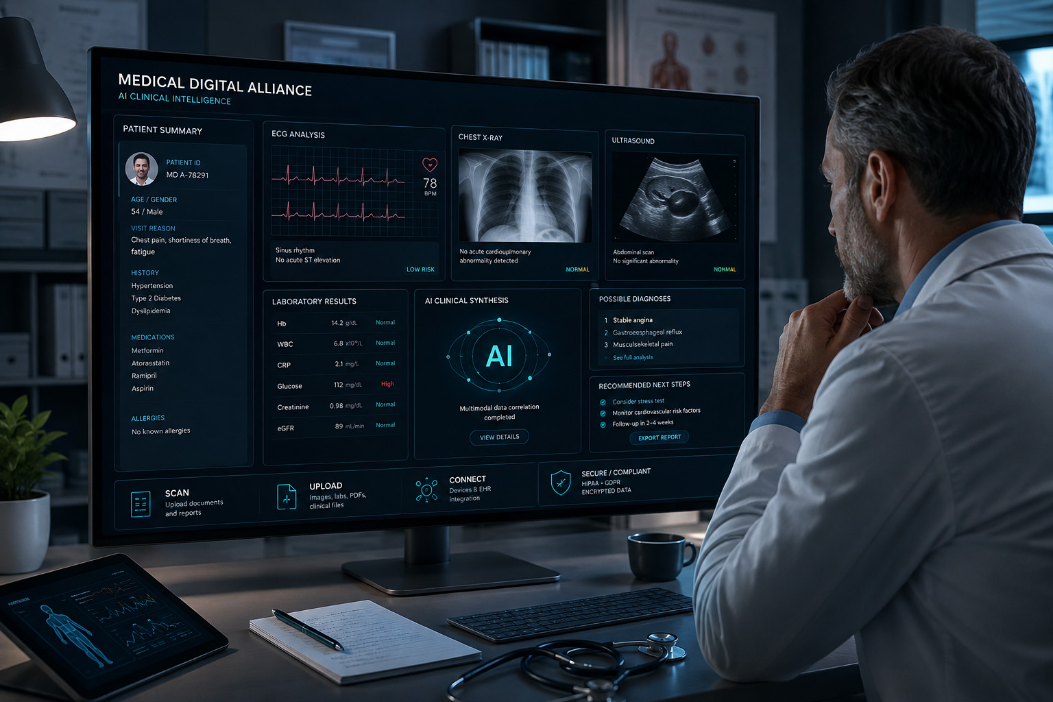 AI-assisted general practice clinical intelligence using ECG, medical imaging, ultrasound and laboratory data
